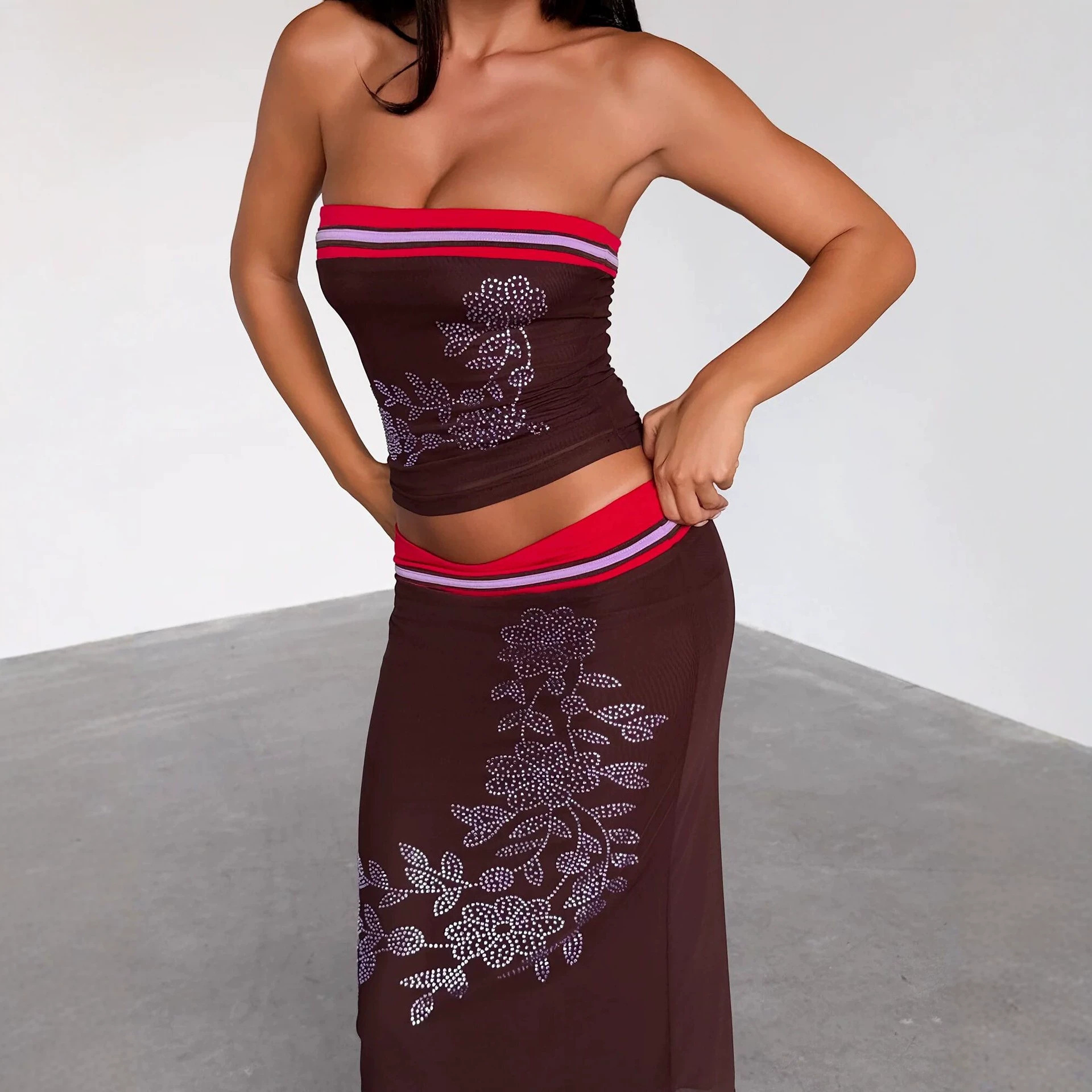 Strapless Crop Top And Color-Block Skirt Set Rhinestone Mesh Bodycon Dress For Trendy Hot Girls Women's Clothing Set_ecoleips.com