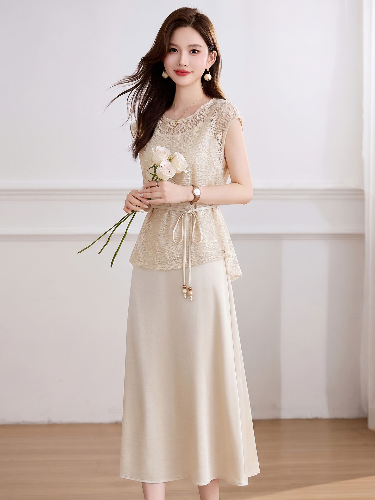 Đầm maxi nữ hai dây thắt eo thanh lịch mùa hè JX2619 — màu xám, màu mơ