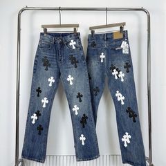 2025春夏潮牌新款男女同款牛仔裤十字架贴皮美式高街宽松直筒长裤