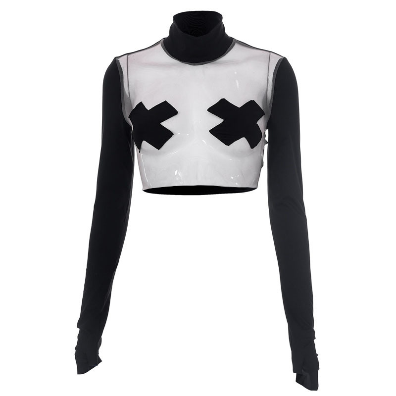 Title 8, Womens sheer mesh navel round neck long sleeve...