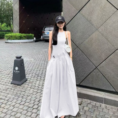 实拍现货2025春夏季新款高品质白色拼接假两件连衣裙吊带长裙两色