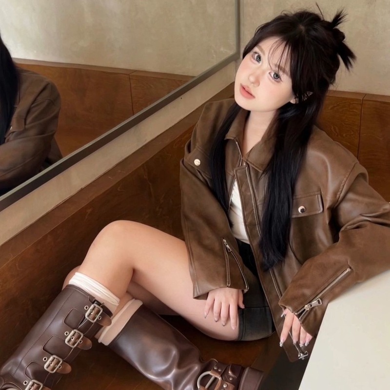 美拉德穿搭棕色皮衣外套女春秋2025新款复古港风机车服短款皮夹克|undefined