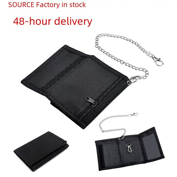 Folding anti-theft chain men's coin purse cross-border black three-fold small wallet zipper key chain card pocket