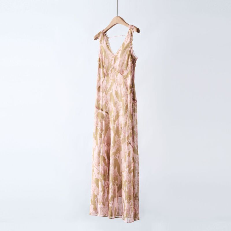 [Same Style as Dong Jie] Tulip Print Elegant Slim Dress for Women 2025 Summer New Holiday Long Dress