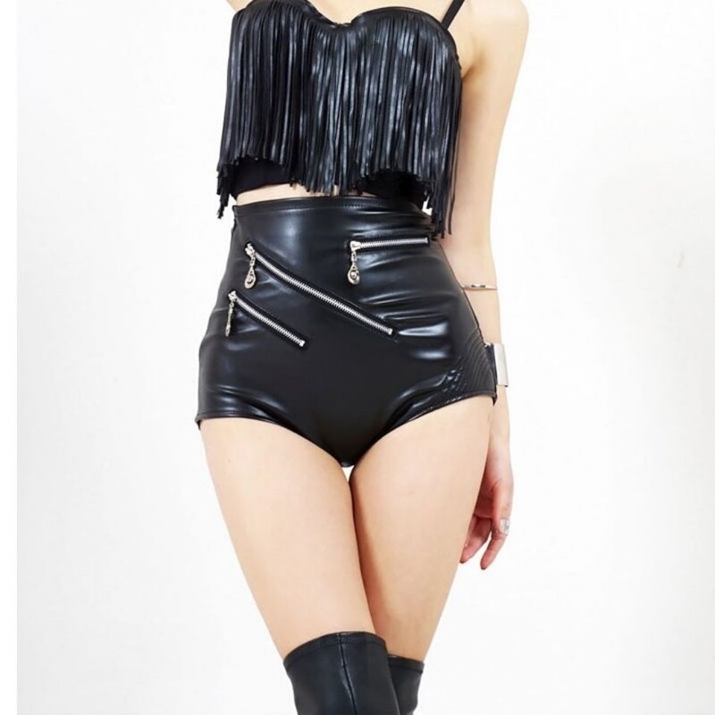 DS performance outfit new nightclub European and American celebrity female singer costume triangle leather PU leather shorts sexy high-waisted leather pants