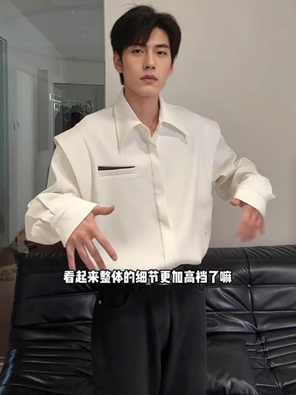 小众设计感假两件白色垫肩衬衫男高级感时尚潮流韩系穿搭长袖衬衣|undefined