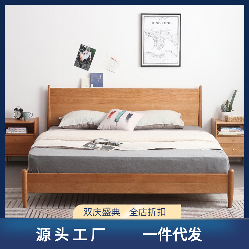Nordic solid wood double bed, Japanese style bedroom INS furniture, white oak modern minimalist solid wood bed