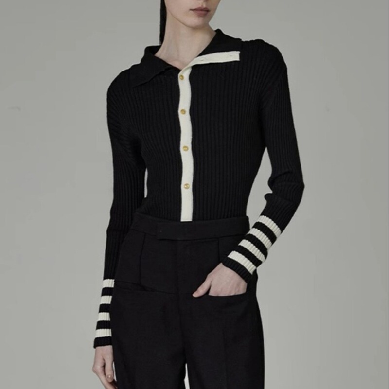 French Style Black Striped Knitted Cardigan Women's Autumn Inner Base Design Sense Slim-fit Long-sleeved T-shirt Lapel Top