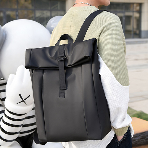 Korean Style Fashion Men's Backpack with Roll-Top Large Capacity Student Bag, Unisex Solid Color Waterproof Outdoor Backpack