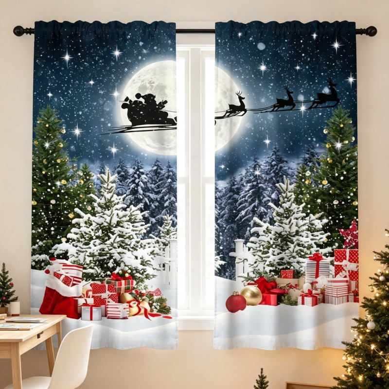 Christmas tree and Christmas print curtains, winter New Year decoration, blackout half curtain for kitchen and bedroom, Christmas fabric short curtain