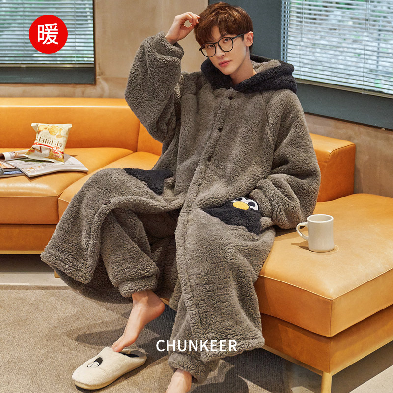 Autumn and Winter Men's Pajamas Coral Fleece fleece-lined Thickened Winter Hooded Long Nightgown Cartoon Warm Home Clothes Autumn and Winter Men's Pajamas Coral Fleece fleece-lined Thickened Winter Hooded Long Nightgown Cartoon Warm Home Clothes