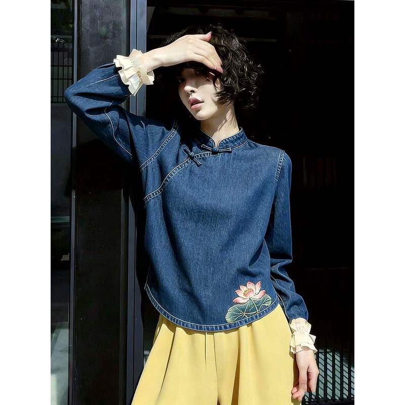 New Chinese-style denim shirt for women, summer vintage button-up top with stylish embroidery, national-style long sleeves, versatile and slimming