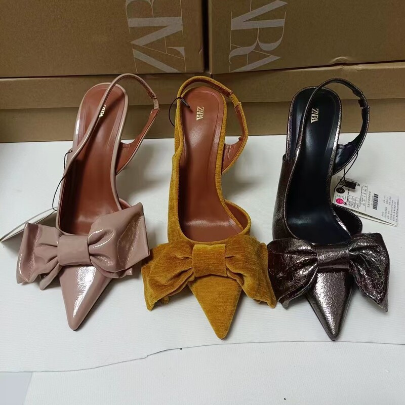 Za New Product 2024 Export French High Heels Stiletto Metal Pointed Toe Bow Back Strap Fashion Sandals for Women