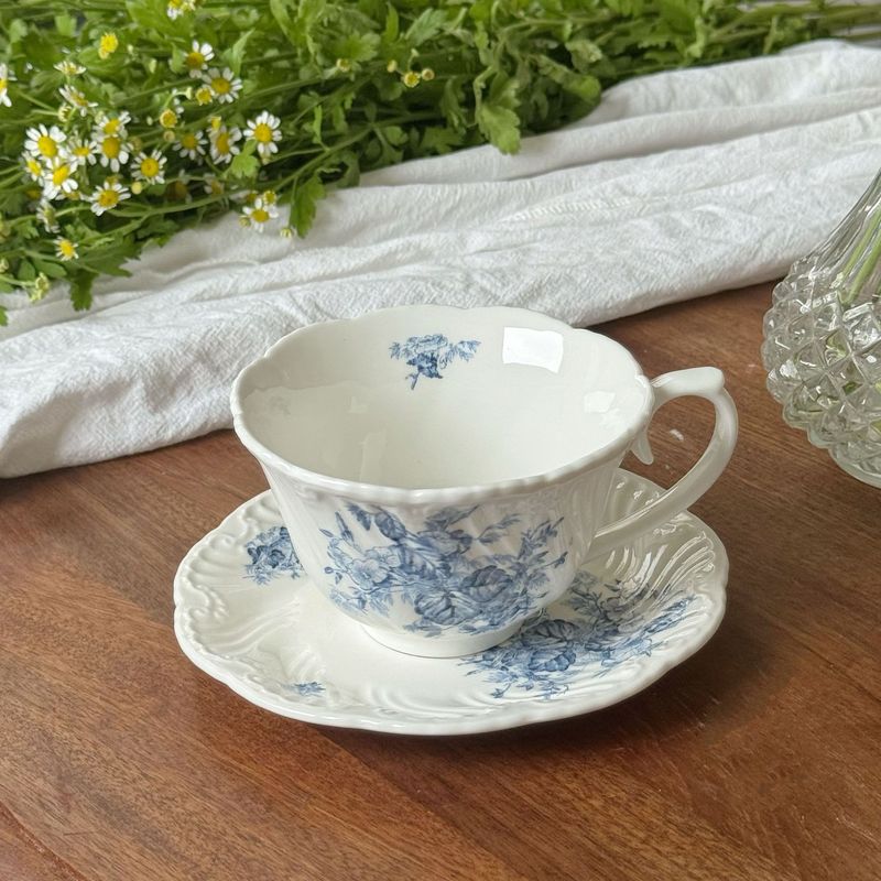 法式蓝色凌霄花浮雕陶瓷餐具盘子陶瓷碗咖啡杯碟下午茶餐盘高脚盘|undefined