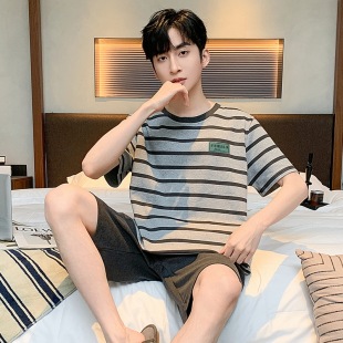 Summer knitted cotton thin pajamas men's short-sleeved pullover simple casual men's shorts can be worn outside home wear suit
