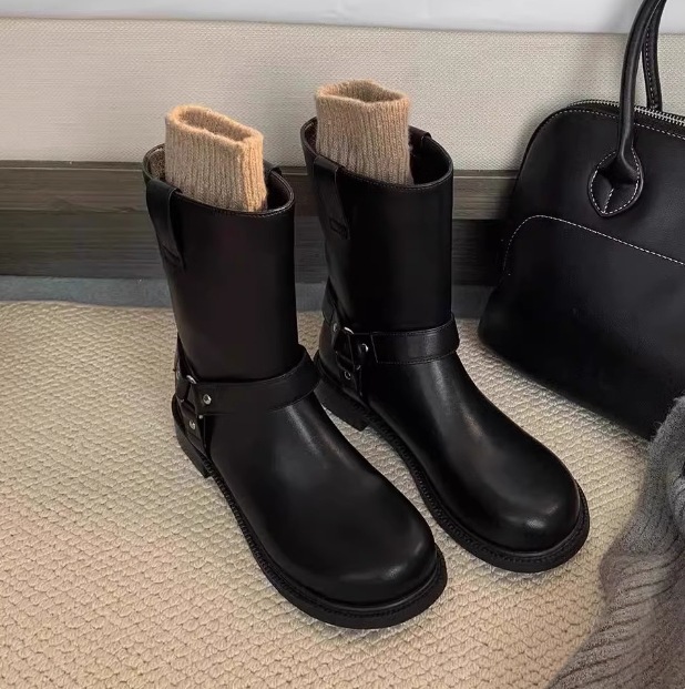 Grava madre ~ botas de vaqueros occidentales botas de metal retro mujeres otoño 2024 nuevas botas de motor de cabeza redonda botas cortas mujeres