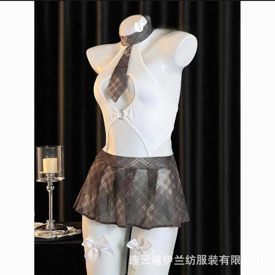 Retro JK Uniform Jumpsuit Lingerie Set with Open-Crotch Design and Mini Skirt — detail image 2