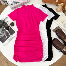 泰国  东南亚 性感半高领微透网纱褶皱修身显瘦短袖连衣裙短裙女