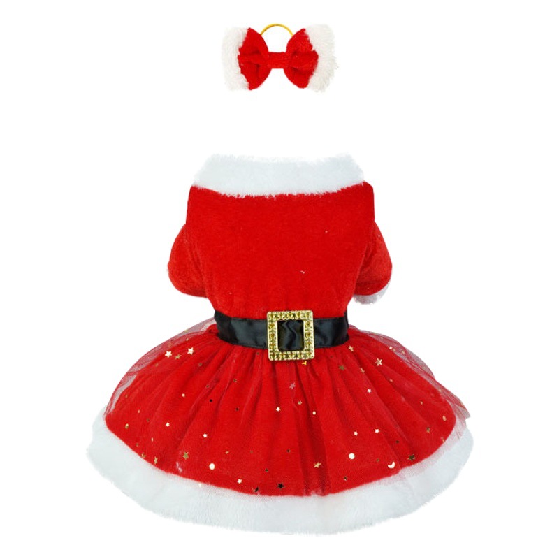 Ropa para mascotas Navidad tela de terciopelo dorado Santa Claus vestido rojo falda malla con anillo pelo