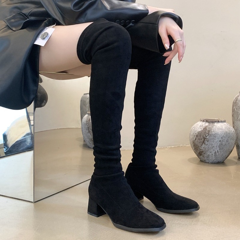 599-1 Long Boots Women's Long Barrel High Barrel 2024 New Soft Leather Suede Versatile Thick Heel Pointed Fashion Elastic Boots