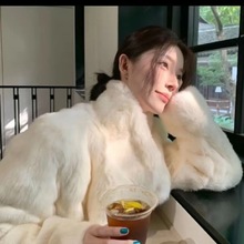 真兔毛整皮裘皮服装挽袖皮毛一体毛毛中长款女装皮草外套韩版时尚