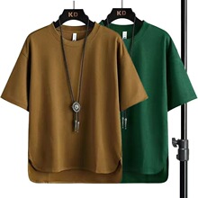 高档冰丝薄款短袖T恤男华夫格半袖休闲体恤衫帅气上衣服品质男装