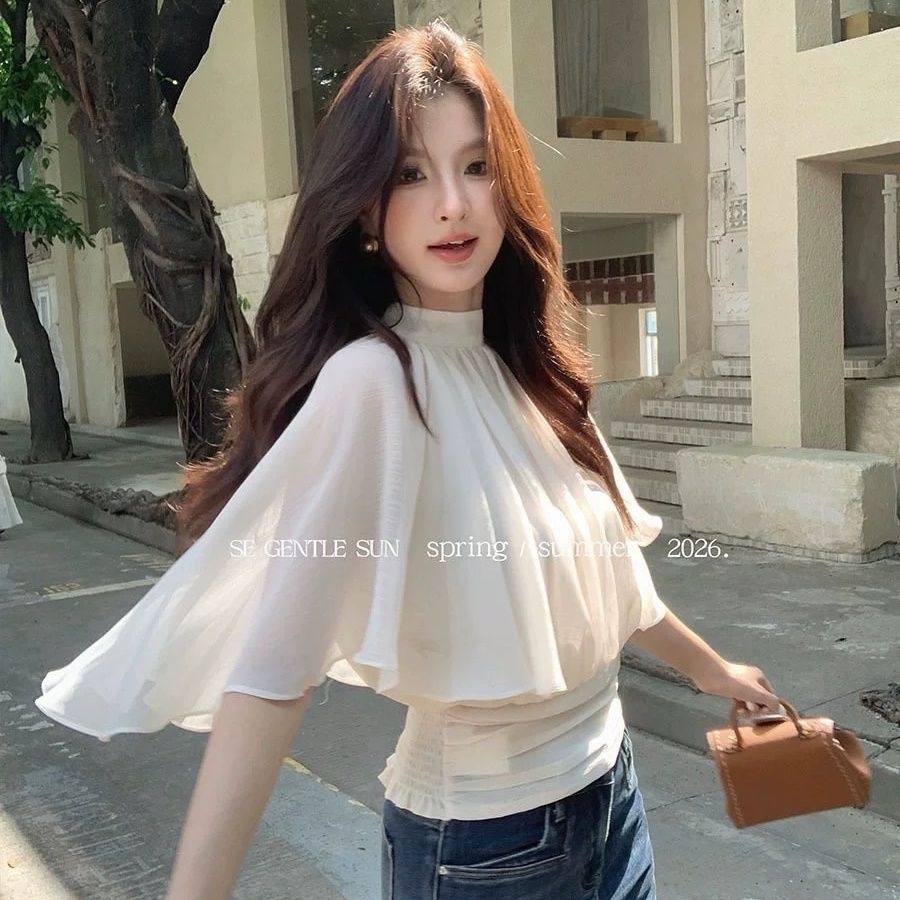 2. Niche elegant design round neck cape chiffon blouse for women, loose fit, slimming, waist-cinching, youthful and stylish top