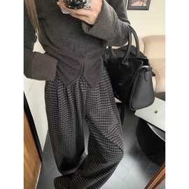 冬季宽松阔腿裤女慵懒风直筒裤毛呢高腰长裤休闲裤格子复古拖地裤