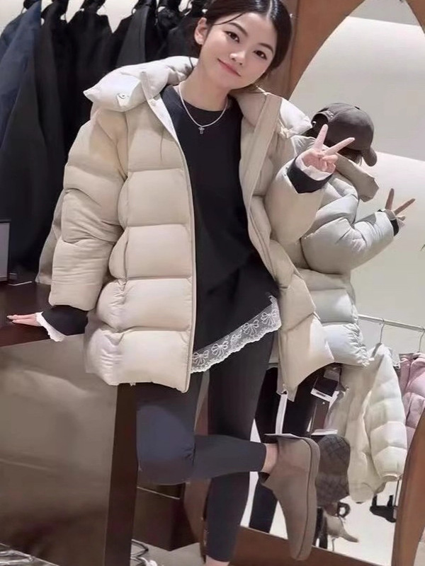 泡芙款羽绒服女中长款25年新款冬季加厚韩版连帽保暖白鸭绒羽绒服|undefined