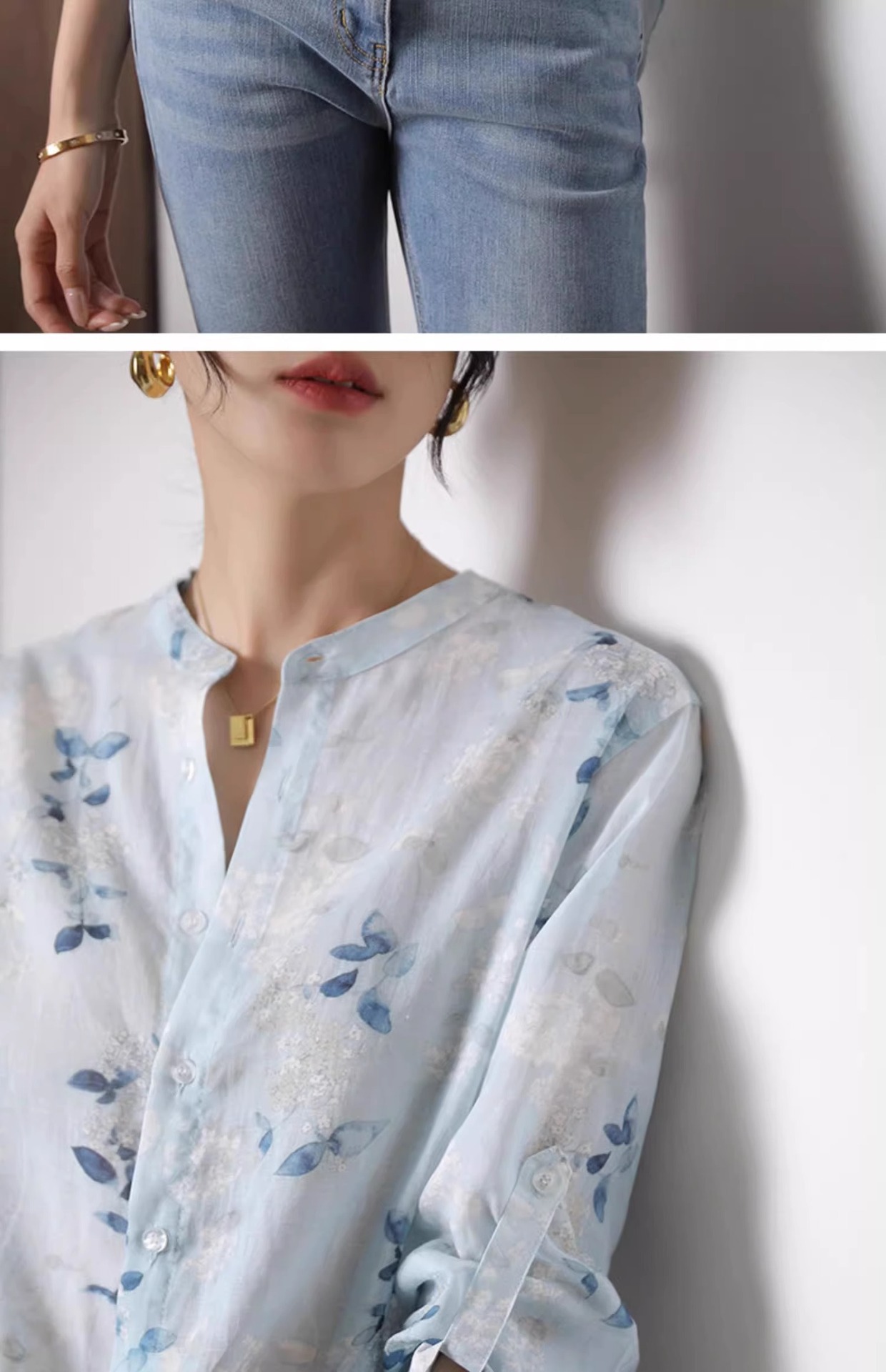 Áo sơ mi cotton in họa tiết tay lỡ nữ kiểu Chanel tôn dáng — Màu xanh da trời chi tiết 4