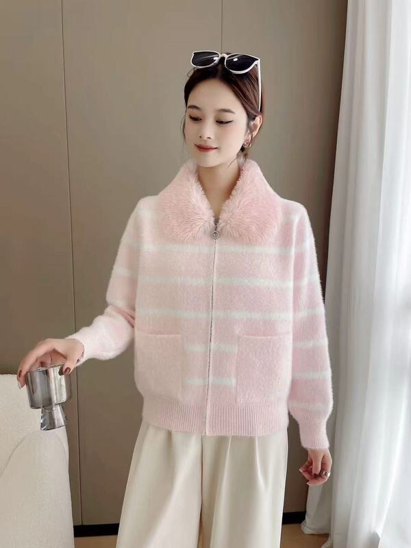 2025新款设计感小众大翻领黑白条纹毛衣女秋冬慵懒风宽松针织衫|undefined