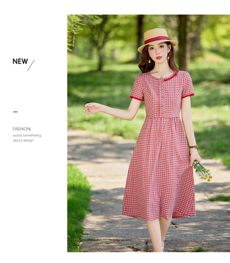 Đầm maxi nữ thắt eo cổ tròn họa tiết kẻ caro vintage — Màu ảnh chi tiết 8