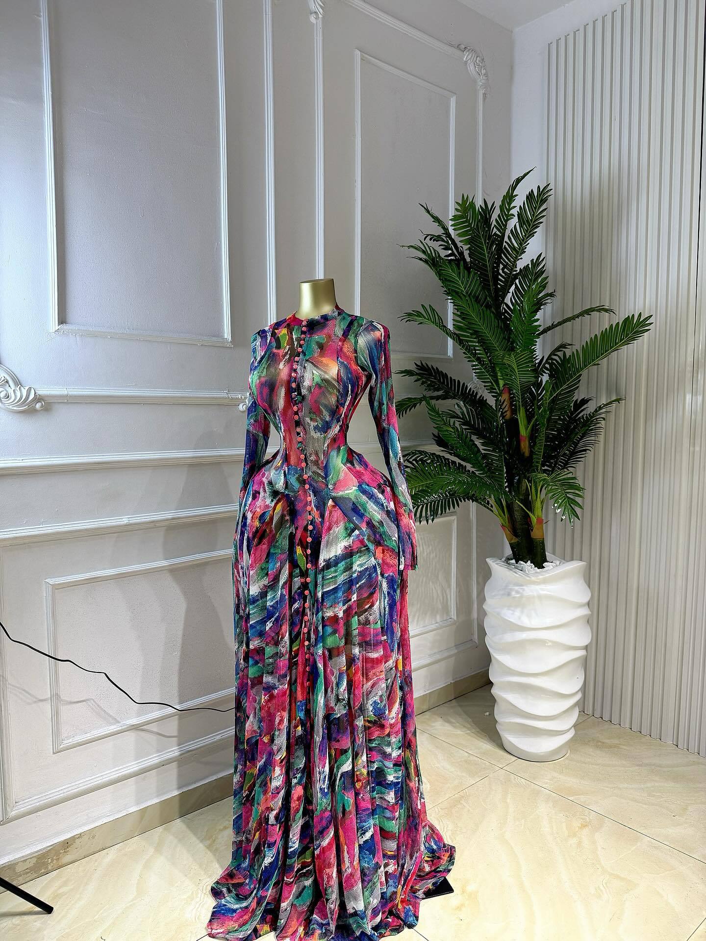 Women's Elegant Floral Maxi Dress – Long Sleeve Round Neck Bodycon Midi Dress With Fitted Waist Rsatile For Work & Events_ecoleips.com
