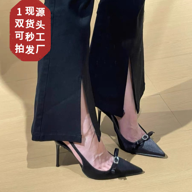 In Stock! 2026 Summer French-Style Black High-Heeled Shoes with Closed Toe, Elegant Bowknot, Rhinestone Stiletto Heels, and Single Strap Sandals