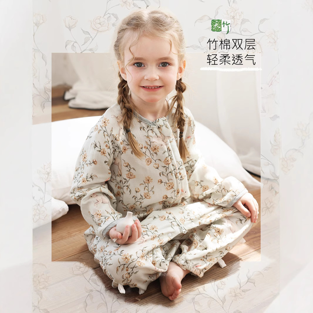 Open button to the end Summer bamboo fiber A thin long sleeve bamboo cotton gauze children's baby air conditioning room leg sleeping bag