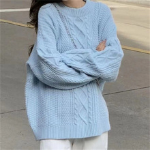 韩系慵懒风针织外套大码宽松套头上秋冬中长款软糯纯色麻花毛衣女