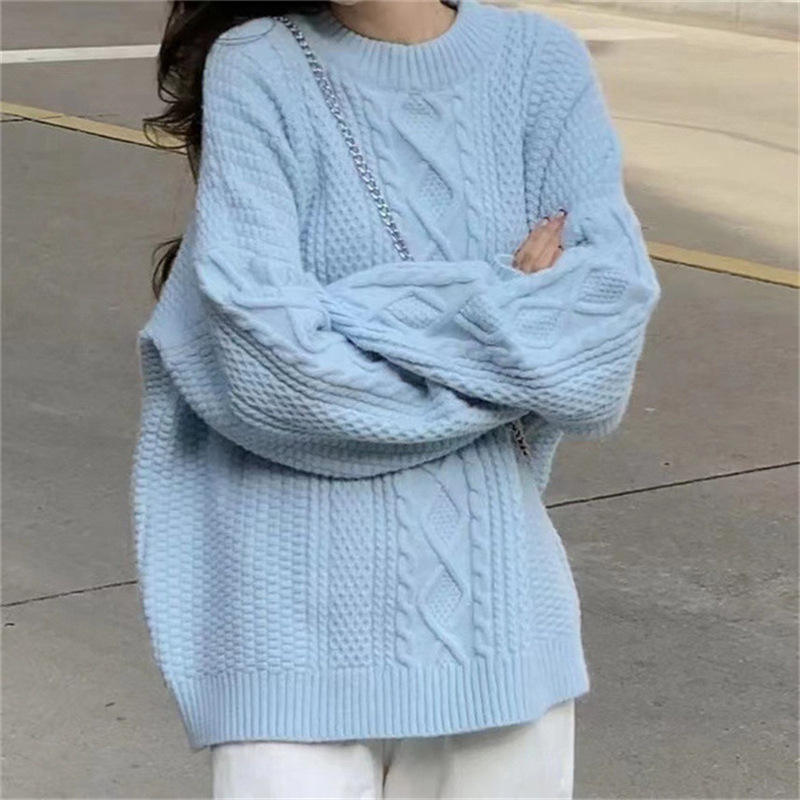 韩系慵懒风针织外套大码宽松套头上秋冬中长款软糯纯色麻花毛衣女