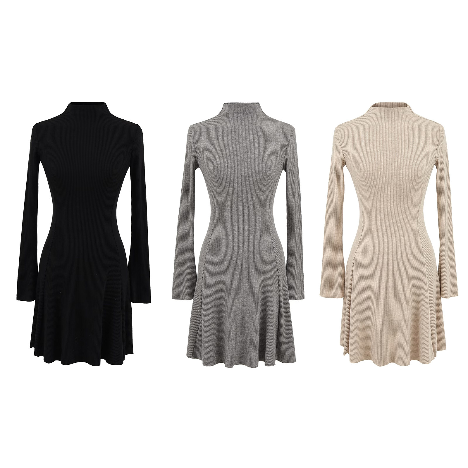 ​​Flared Sleeve Mock Neck Knit Dress – Slim Waist A-Line Mini/Midi Dress (Black/Grey/Khaki, S-L)​​_ecoleips.com