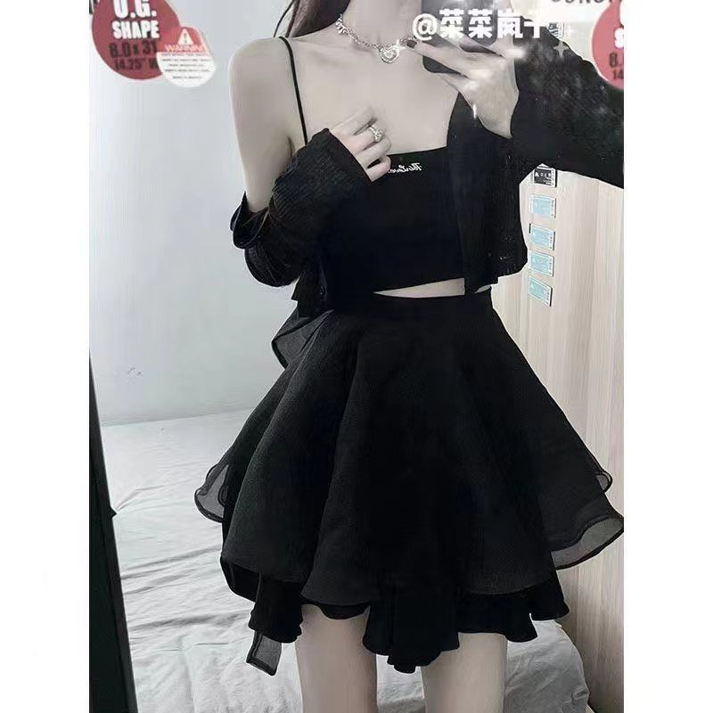Summer Gentle Style Women's Outfit 2026 New Korean Style Loose Cardigan Camisole with Bow Skirt Three-Piece Set