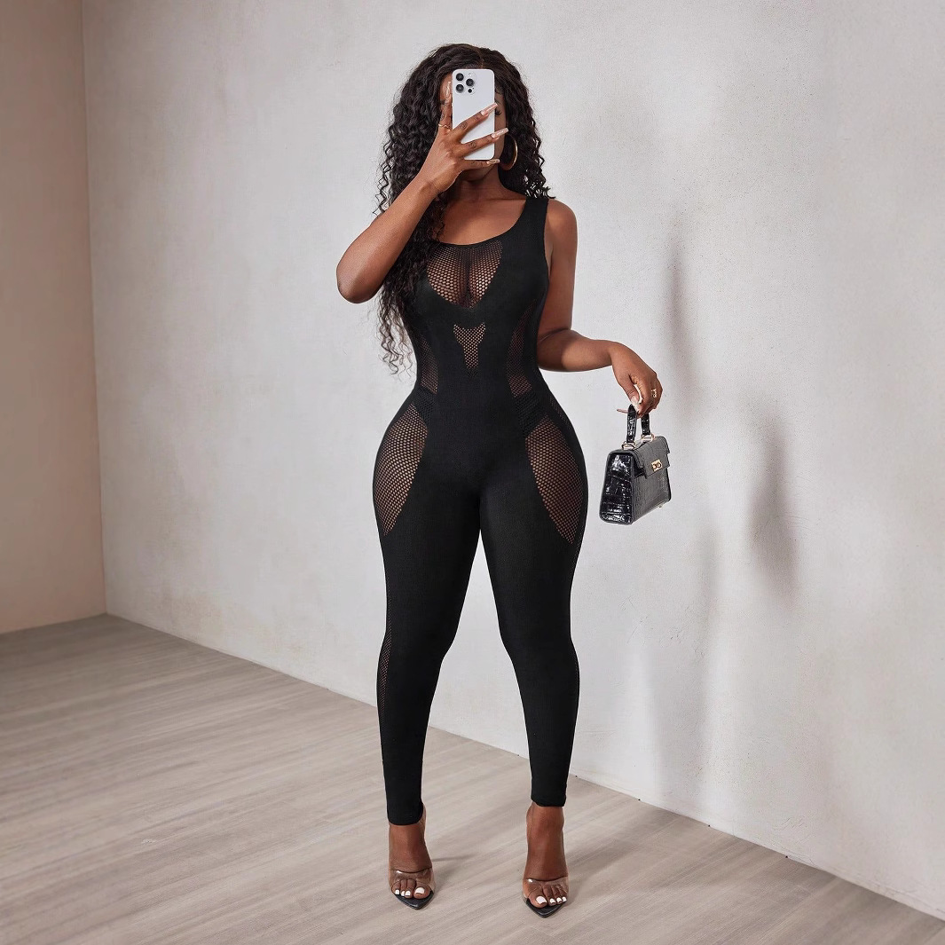 European and American Cross-Border 2025 Summer New Sleeveless Women's Hollow High-Waist Slim Sexy One-Piece Knitted Jumpsuit for Women