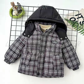 儿童中小童2025冬季加绒加厚格子棉服羽绒棉男女童保暖连帽外套