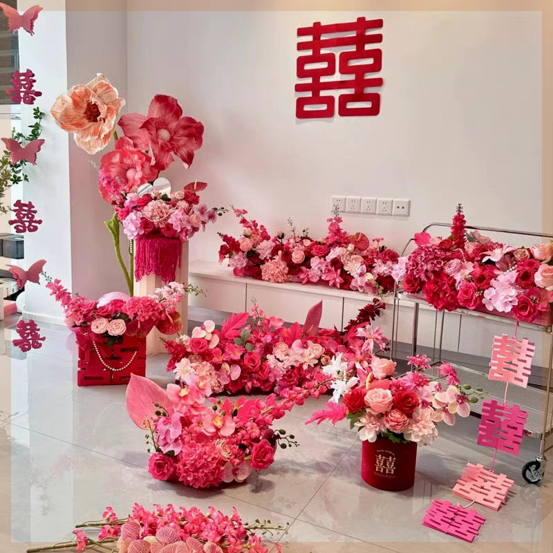 Wedding Room Layout Simulation Flower Pink Wedding Living Room Fake Flower Ornaments Wedding Background Wall Wedding Table Flower Bed Head Flower