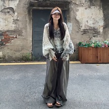 大码民族风慵懒印花长袖防晒衬衫搭配阔腿裤女夏季胖显瘦两件套