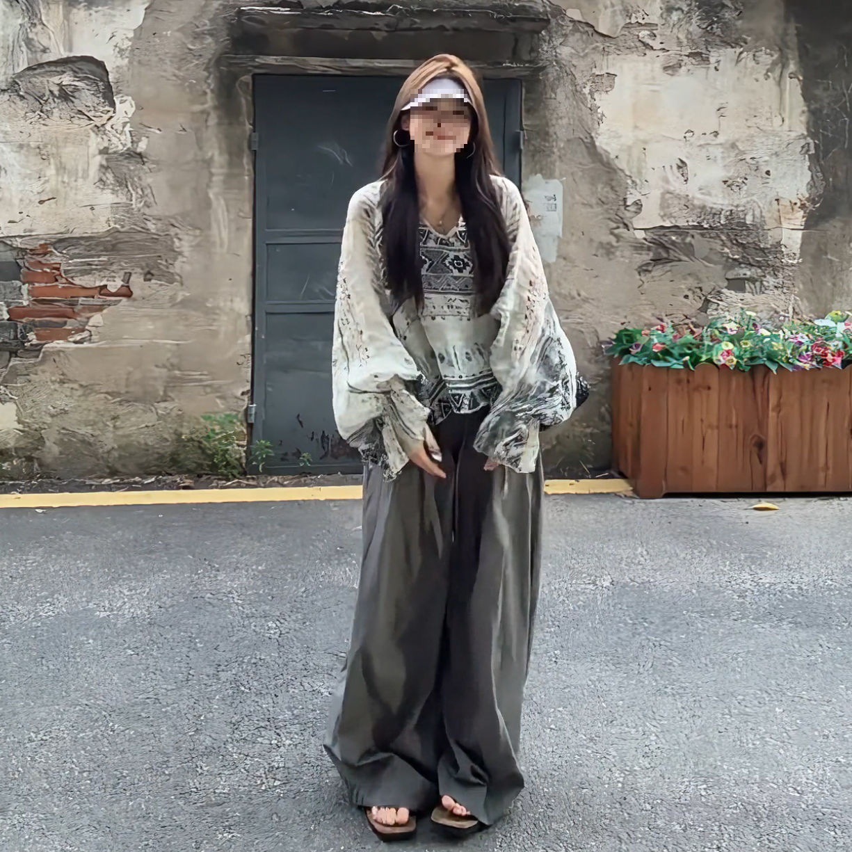 大码民族风慵懒印花长袖防晒衬衫搭配阔腿裤女夏季胖显瘦两件套