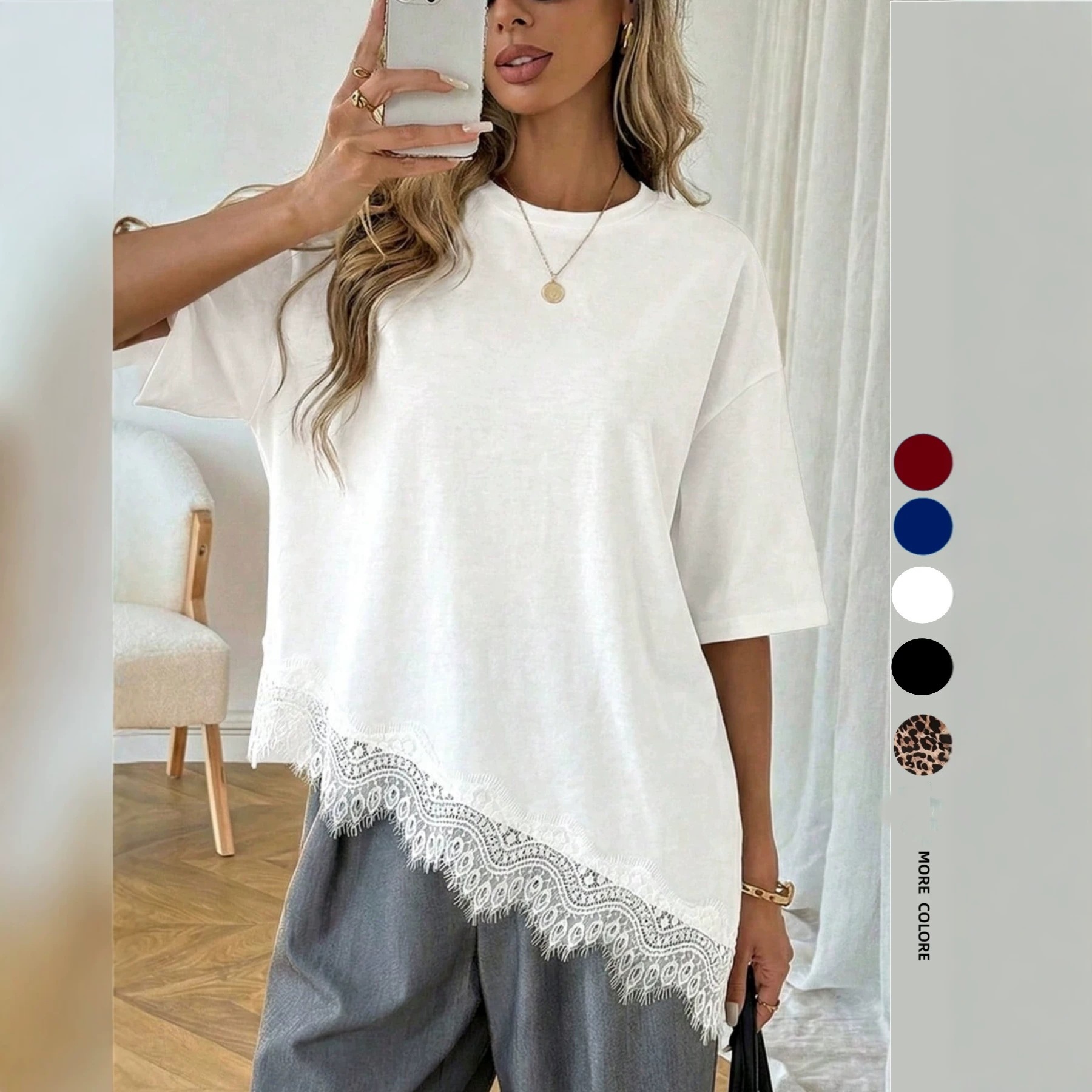 European and American Cross-Border Summer Round-Neck Lace-Trimmed Loose Fashion T-Shirt Top, Popular on Temu and Amazon