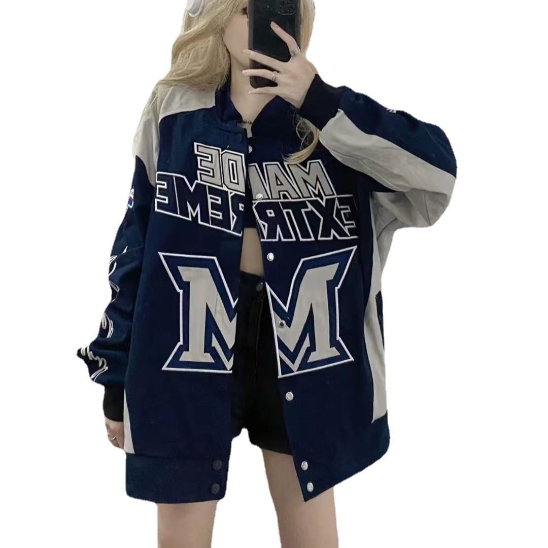 American retro Street High Street Heavy Industry Racing motocicleta chaqueta retro color matching letters hombres y mujeres de la moda nacional chaqueta suelta