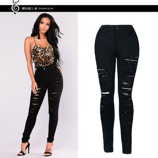 Wish Amazon European and American Stylish Beggar Frayed Full Strip Torn Slim Stretch High Waist Denim Pencil Pants
