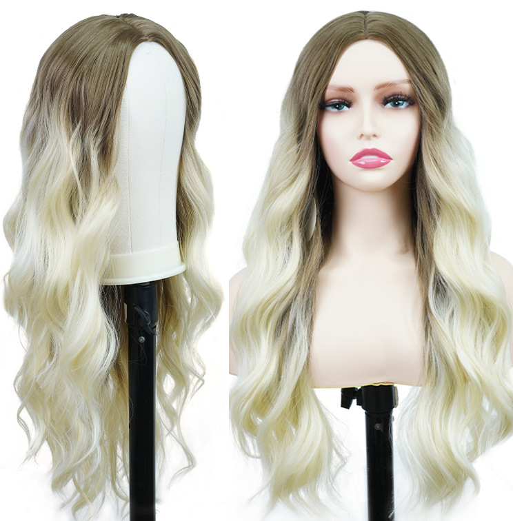 Synthetische Perücke mit Farbverlauf, langes lockiges Haar ohne Spitze, Ganzkopf-Perücken_voghion.com
