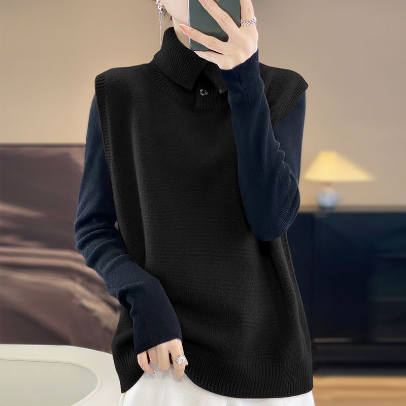 Nuevo chaleco de cuello alto de otoño y invierno chaleco de punto de moda de color sólido con hombros suéteres sueltos sin mangas
