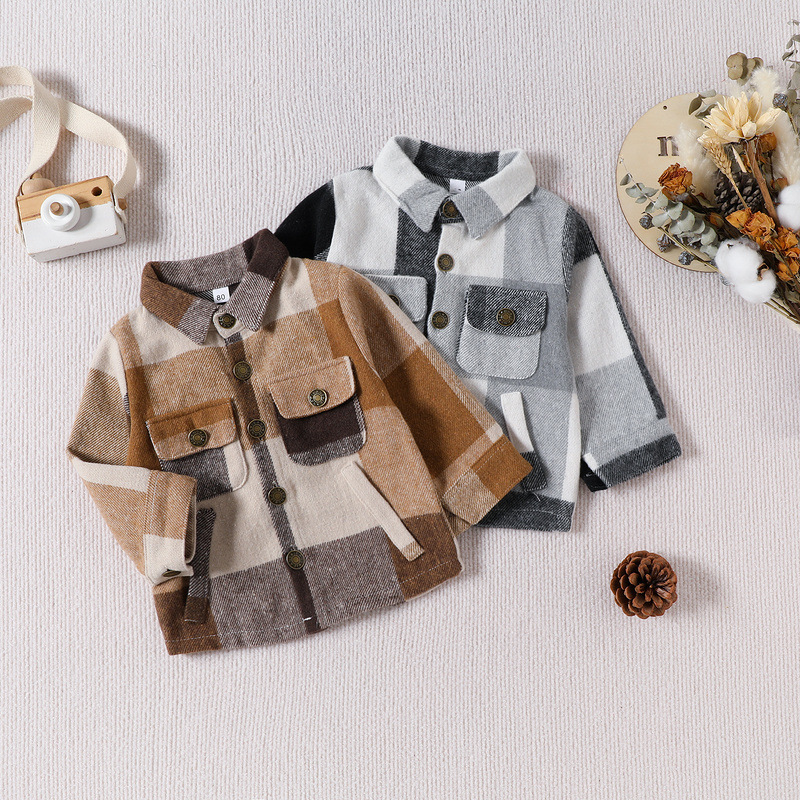 跨境外贸秋装男童长袖格子衬衫带兜秋季新款儿童衬衣洋气上衣潮流